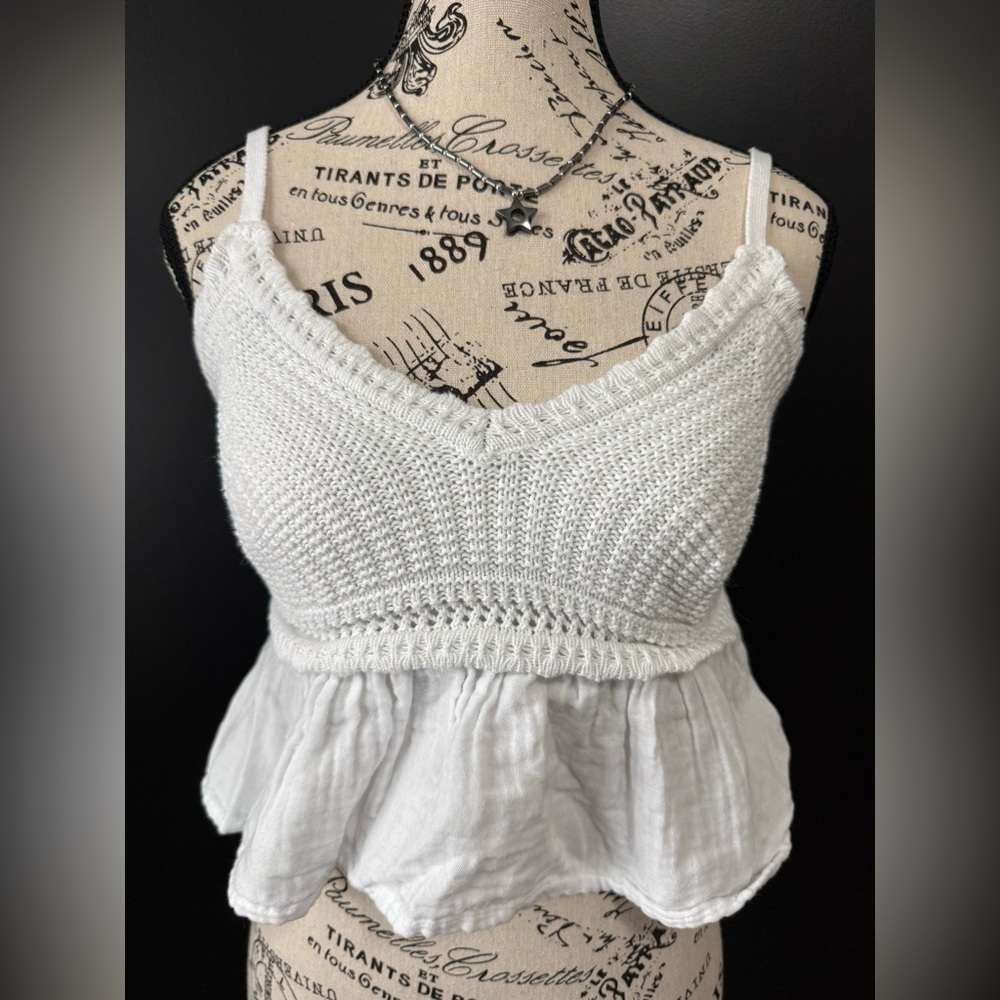 BLUENOTES White crochet tank top with black trim and ruffle detail